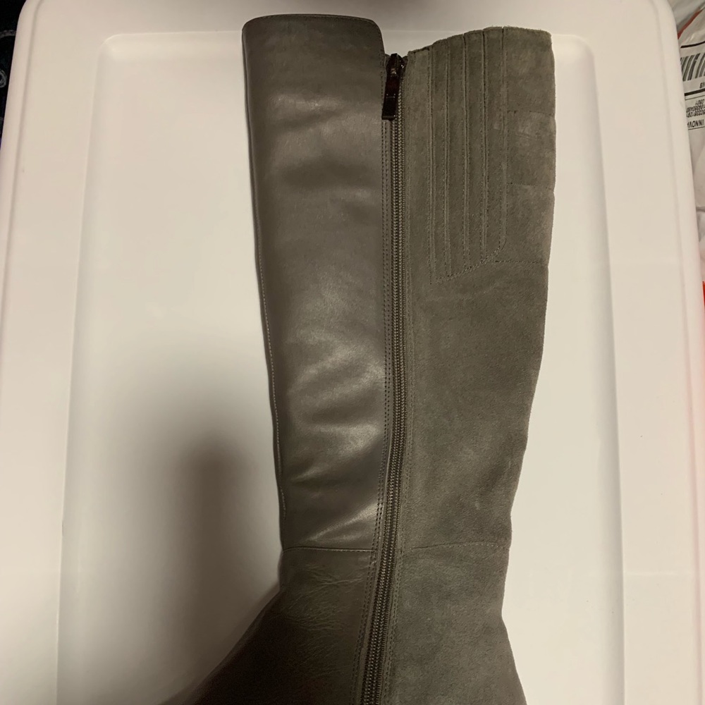 Halston boots. Gray leather with suede back.